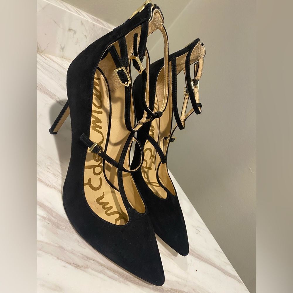 Sam Edelman Black Suede Pointed Toe Strappy Heels with Gold Accents